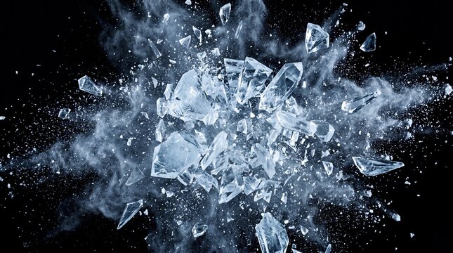 Dynamic slow-motion shot of a transparent ice block shattering into jagged shards and icy particles against a deep black background, symbolizing sudden destruction or cold impact.