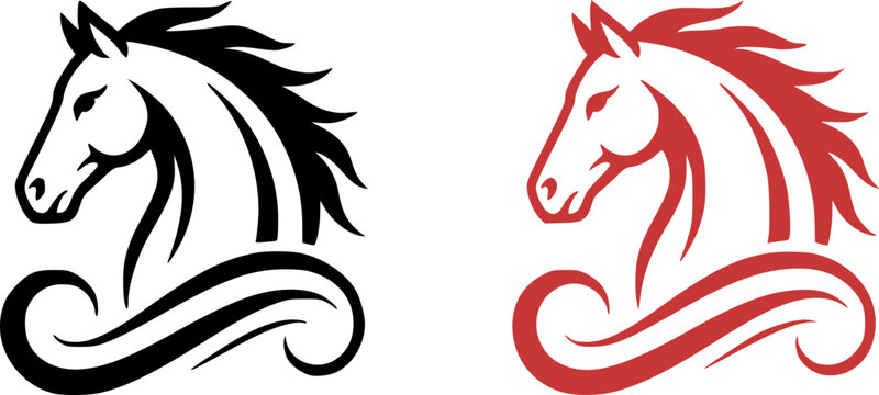 Horse head logo with flowing mane in black and red versions, elegant stallion icon design for equestrian brands, sports teams, and animal lover prints