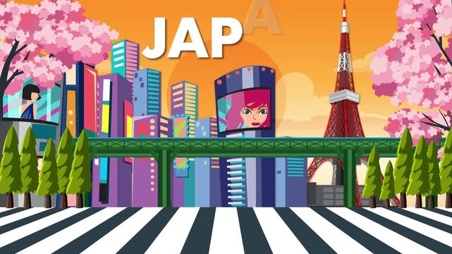 Animated Japan Travel Poster with Cityscape and Moving Train at Sunset
