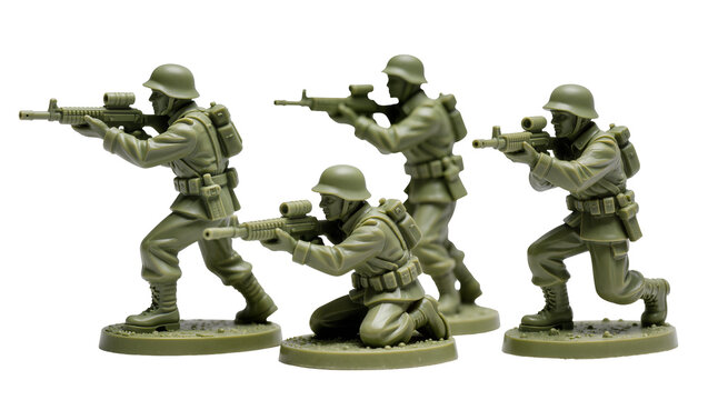 Four olive green plastic toy soldiers with rifles, isolated on transparent background