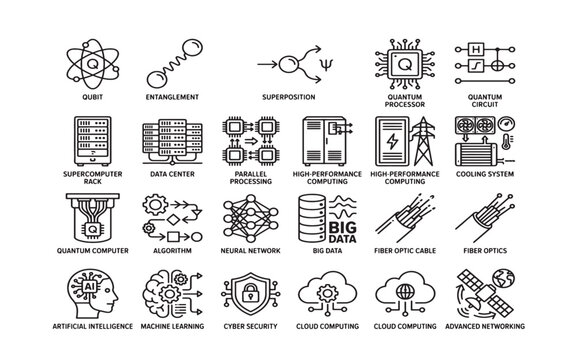 Collection of line representing quantum computing, ai, data, and networking concepts qubit entanglement