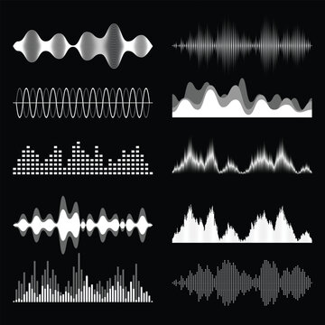 Abstract soundwave set with digital audio equalizer bars, voice frequency spectrum, and sine wave signals isolated on black background. Modern music track waveforms visualization elements collection.