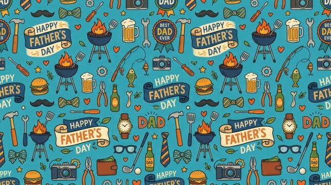 A colorful pattern of Father's Day-themed elements on a blue background.