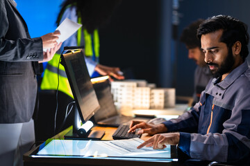 Naklejka na ściany i meble Focused South Asian engineer types at a desktop workstation while a female colleague holds a report and a safety vest professional stands in the background.