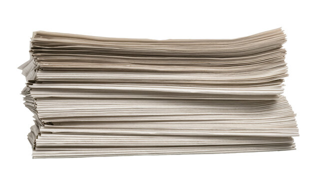 Tall stack of old yellowed paper sheets, isolated on transparent background