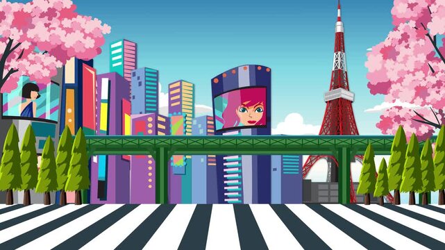 Animated Travel Poster of a Vibrant Japanese Cityscape with Moving Train
