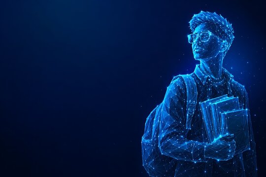 Student carrying books wireframe low poly digital art representation of academic success. back to school futuristic low poly education. back to school, futuristic low poly education