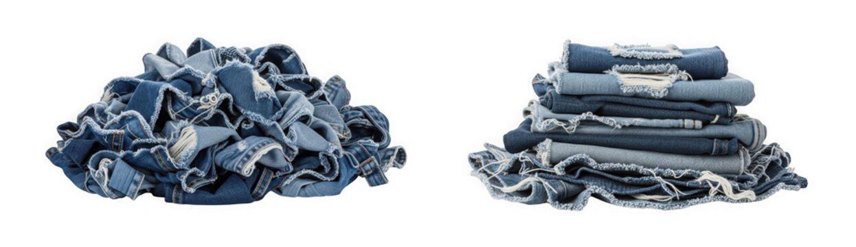 A pile of messy denim jeans and a neatly folded stack of distressed denim jeans isolated on transparent background