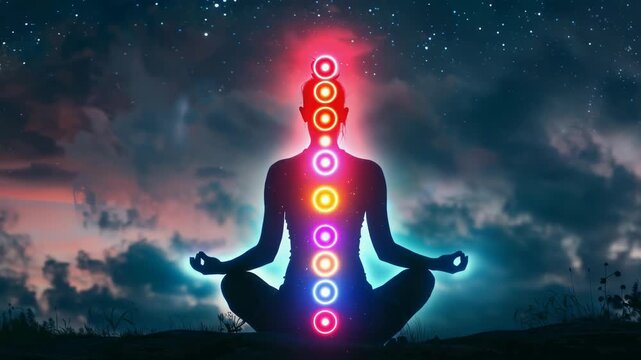 Silhouette in meditation against a starry night sky with chakra lights representing inner peace, balance, and spiritual connection with the universe. Serenity in nature.