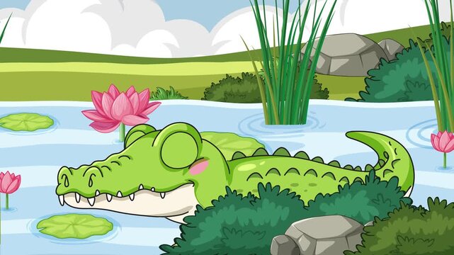 Cartoon Green Crocodile Swimming in a Pond with Water Lilies