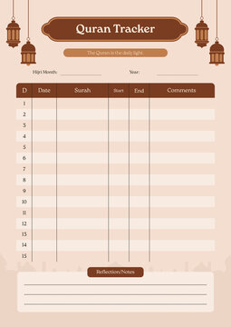 Quran Tracker Printable &ndash; Quran Reading Log and Memorization Tracker for Daily Recitation, Surah Progress and Islamic Study Planner