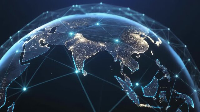 Glowing Earth rotation with digital network connections across continents during night lighting concept