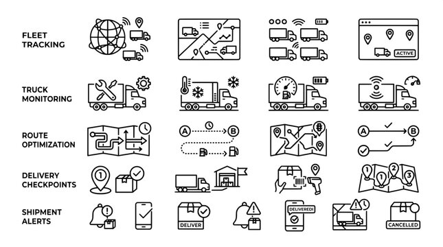 Fleet tracking and delivery management outline icons with logistics tracking delivery management transport optimization shipping checkpoint location warehouse monitoring notification