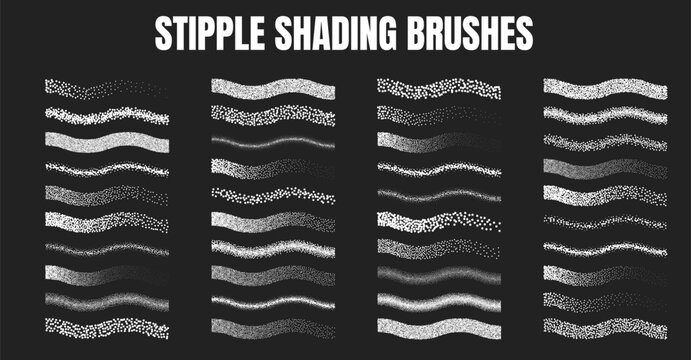 White stipple shading brushes with retro grainy halftone texture on black background. Vintage dotwork noise gradients, wavy stippled paint strokes, hand drawn ink spray effect vector design elements.
