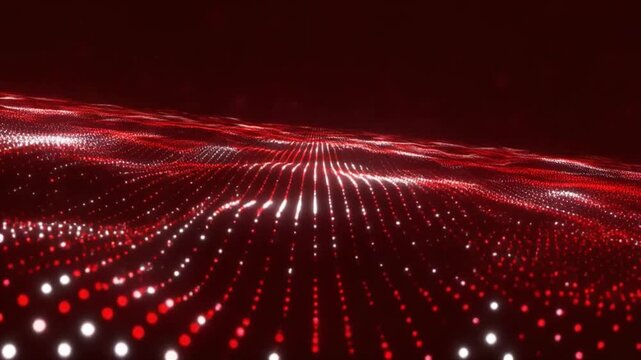 Visualization featuring luminous white and red particles network topology with volumetric lighting and cinematic depth.