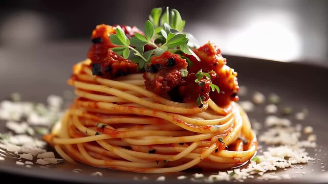 Delicious Spaghetti Bolognese plated with fresh basil and parmesan cheese during an elegant dinner setting