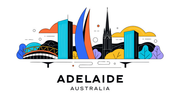 Vector illustration of Adelaide skyline in colorful silhouette, with &ldquo;ADELAIDE&rdquo; text, on white background, modern city identity and tourism design