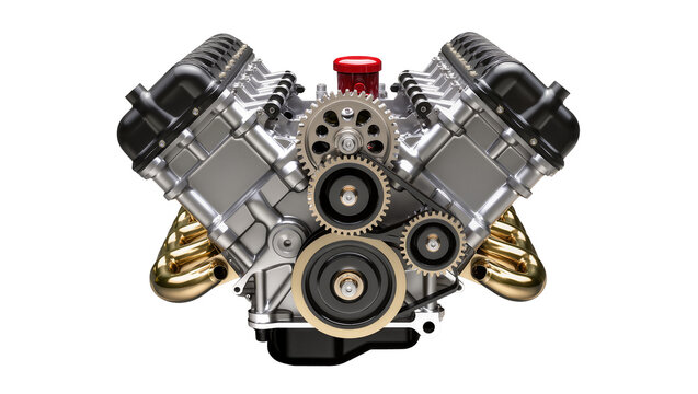 Detailed V8 engine with gold exhaust manifolds, isolated on transparent background