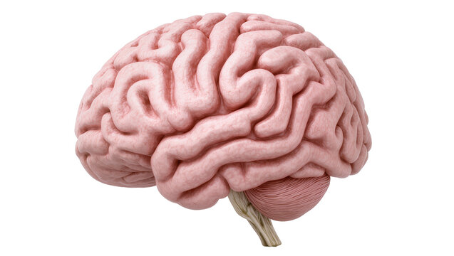 Pink human brain with cerebellum and brainstem, isolated on transparent background