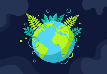 Naklejka premium Flat Vector Illustration of Planet Earth with Green Leaves for Ecology and Sustainability Concepts