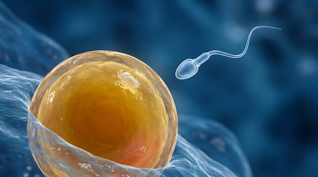 Microscopic view of a sperm cell approaching a human egg cell for fertilization, representing new life and reproduction in a medical context.
