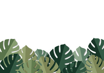 Tropical Monstera Leaves Paper Cut Background with White Copy Space - 3D Layered Green Foliage Border for Summer Marketing and Web Design © Bethra