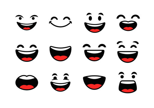 Set of Cartoon Happy Face Expressions and Laughing Mouths Vector Icons