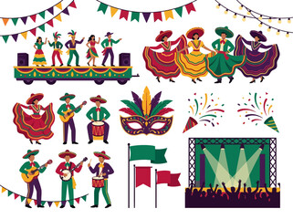 Fototapeta premium Mexican Carnival and Festival Element Set with Traditional Dancers, Musicians, and Parade Decor