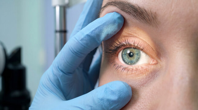 Female Patient Raising Eyelid During Eye Examination, Medical Diagnostics