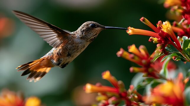 Hummingbird hovering near colorful flowers, side view
