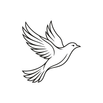 Minimalist black and white flying dove silhouette icon with silhouette, graphics