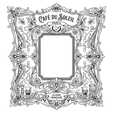 Ornate vintage cafe du soleil paris decorative frame with decorative, scrollwork