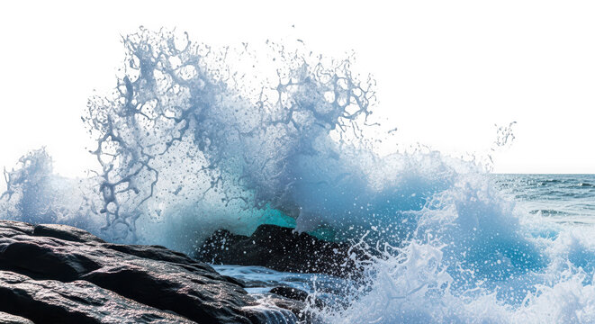 Powerful ocean wave crashing against dark rocks isolated on transparent background