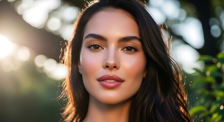 Fototapeta premium Womans portrait in natural light with lush hair and soft focus background
