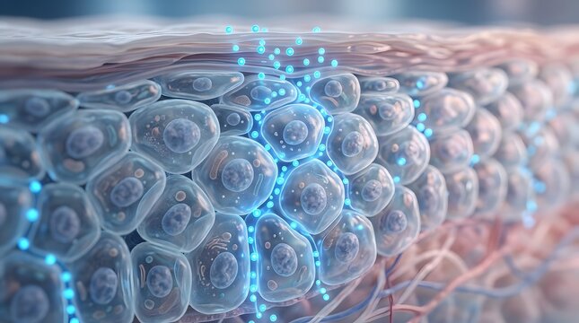 Microscopic cross section of human epidermis absorbing luminous blue molecule formula to repair cellular layer structure