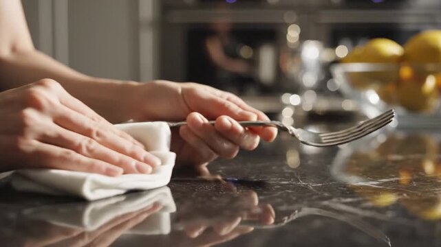 Hand Cleaning Surface in Modern Kitchen Quiet Morning