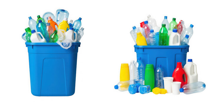 Two blue recycling bins filled with various plastic bottles and containers isolated on transparent background