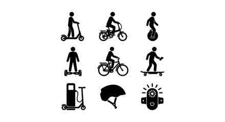 Urban Mobility Icons: Electric Scooter, Bicycle, Unicycle, Segway, Skateboard, Helmet, Light © Belal