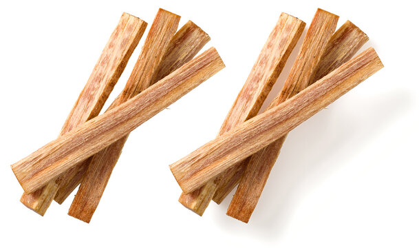 Cedar wood sticks isolated on white background, top view.