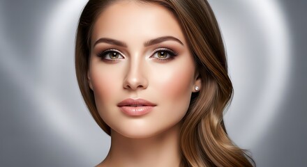 Fototapeta premium Womans portrait with makeup and brown hair against a gray background