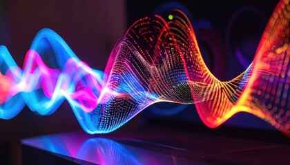 Fototapeta premium Colorful abstract digital wave of glowing light particles.