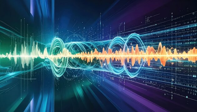 Colorful digital audio wave visualizer with glowing light particles.