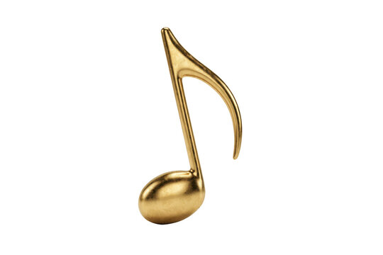 A single shiny metallic gold musical note symbol representing melody and rhythm for musical concepts isolated on a transparent background