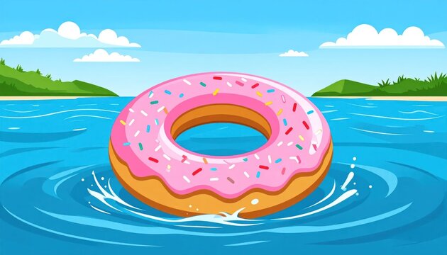 Colorful donut floatie on calm blue ocean waves.