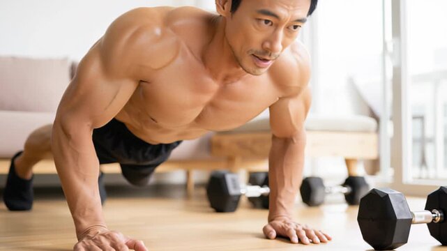 Focused man doing push-ups indoors next to dumbbells for fitness and strength training