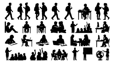 School student silhouettes collection, children in classroom vector set, pupils studying and learning at desks, back to school education icons © Zubaraj