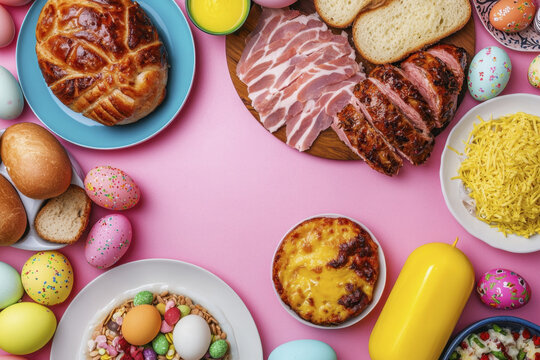 Festive Easter table setting with colorful eggs, delicious food, and vibrant decorations creating joyful atmosphere