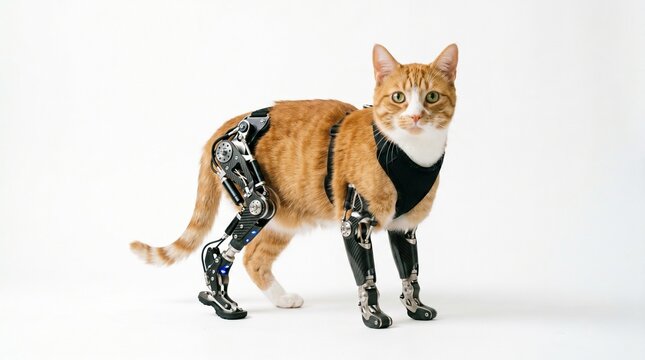 An orange tabby cat wearing advanced robotic prosthetic legs on a white background.