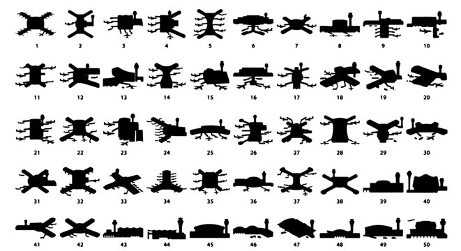Industrial factory silhouettes and power plant icons set, 50 black vector building symbols, manufacturing facility and warehouse shapes for maps