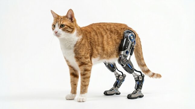 Ginger tabby cat standing with advanced robotic prosthetic hind legs on white background.